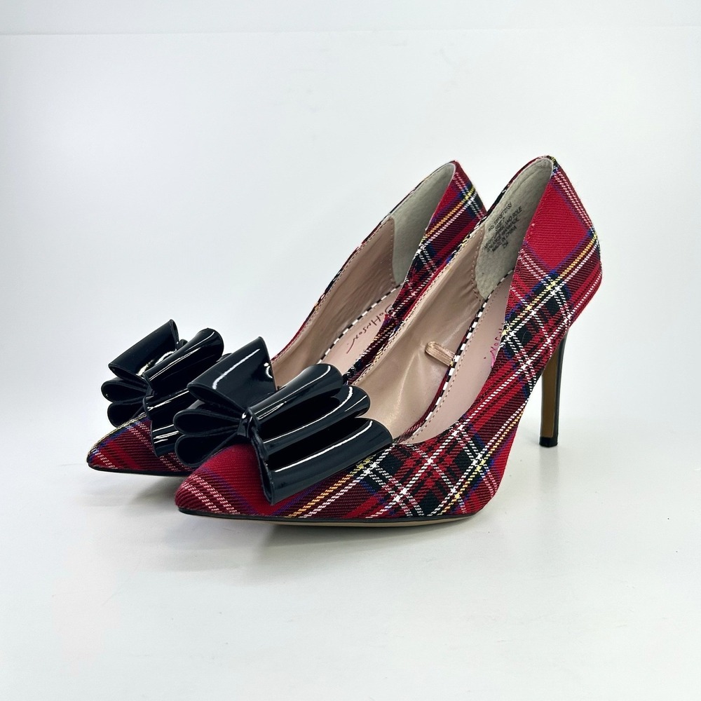 Betsey Johnson Bret Pumps 7 Red Tartan Plaid Black Bow Stiletto Cocktail Heels - Picture 2 of 12